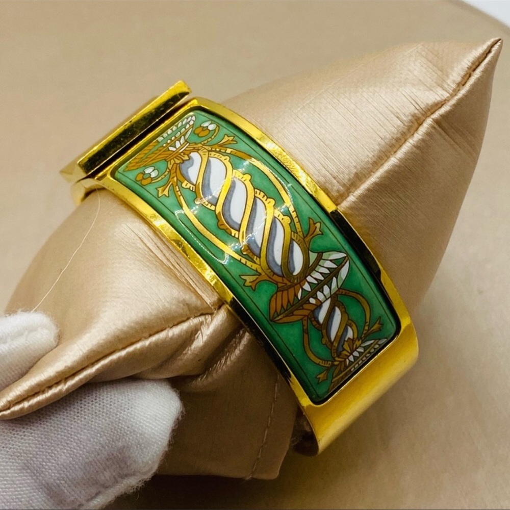 Vintage Hermès Green Enamel Cloisonné GM Clic Clack Cuff Bangle Bracelet. - Picture 4 of 8